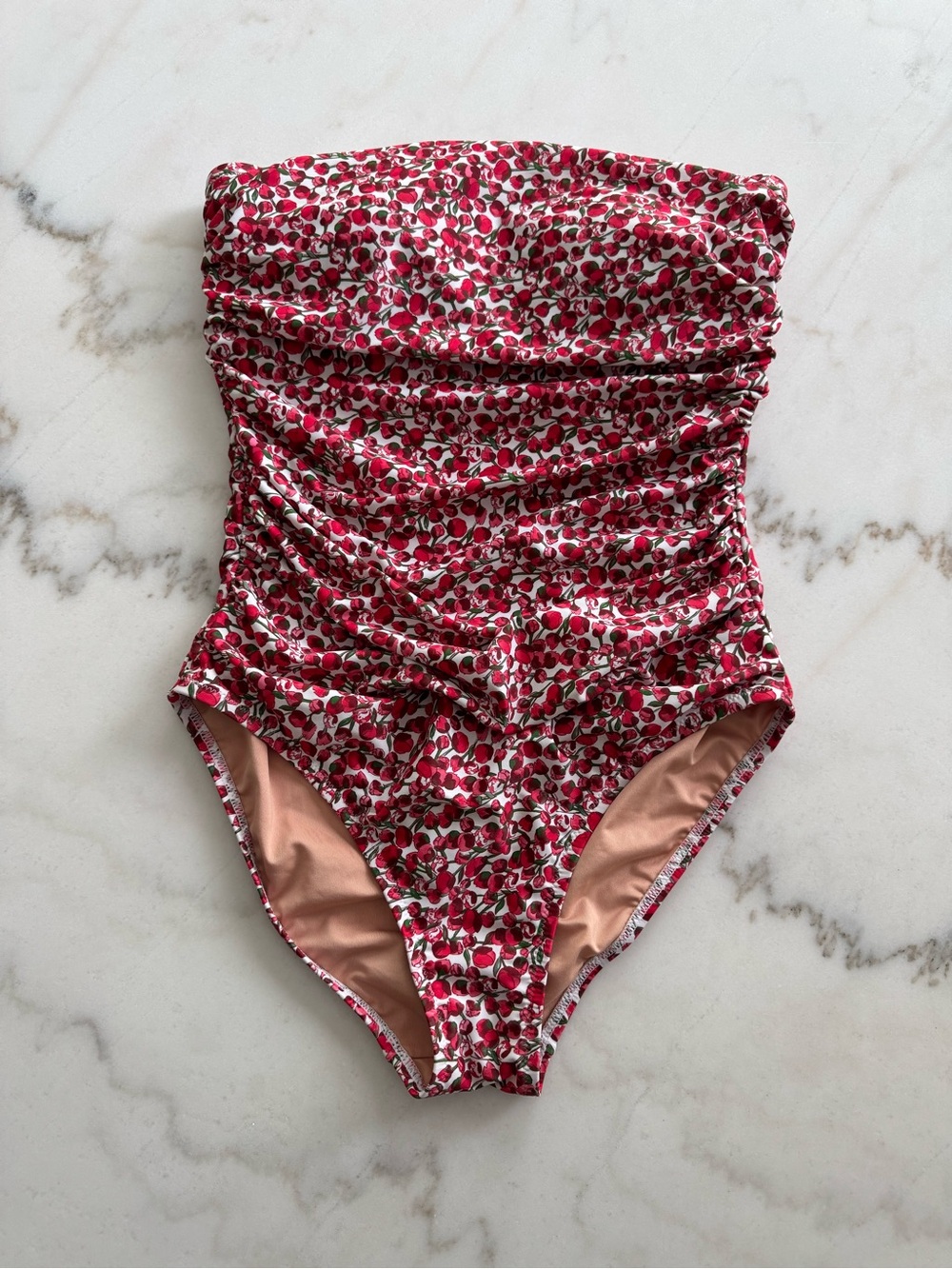 J.CREW Ruched Bandeau One-Piece Swimsuit in Liberty Eliza Red, Size 8